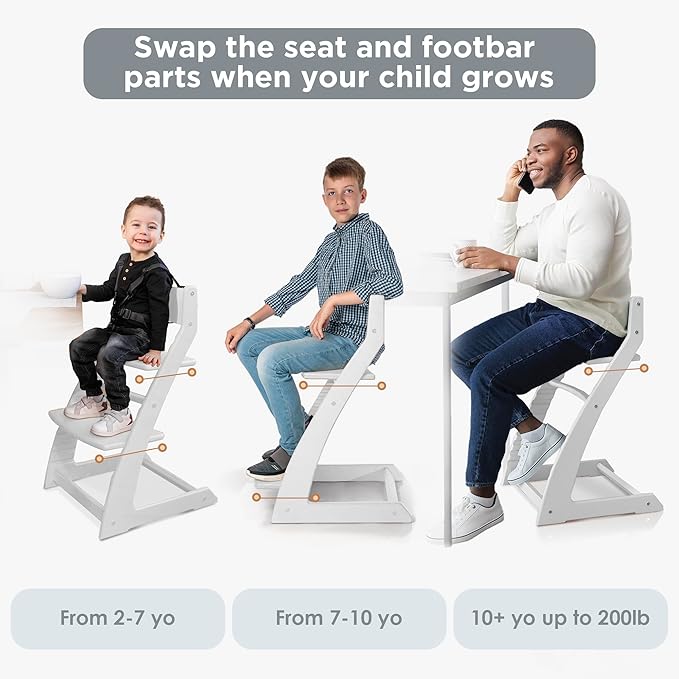 FORNEL Modern White Wooden High Chair | The Forever Chair That Grows from Toddler to Adult (200 lb) | Sleek, Easy-to-Clean Scandinavian Design