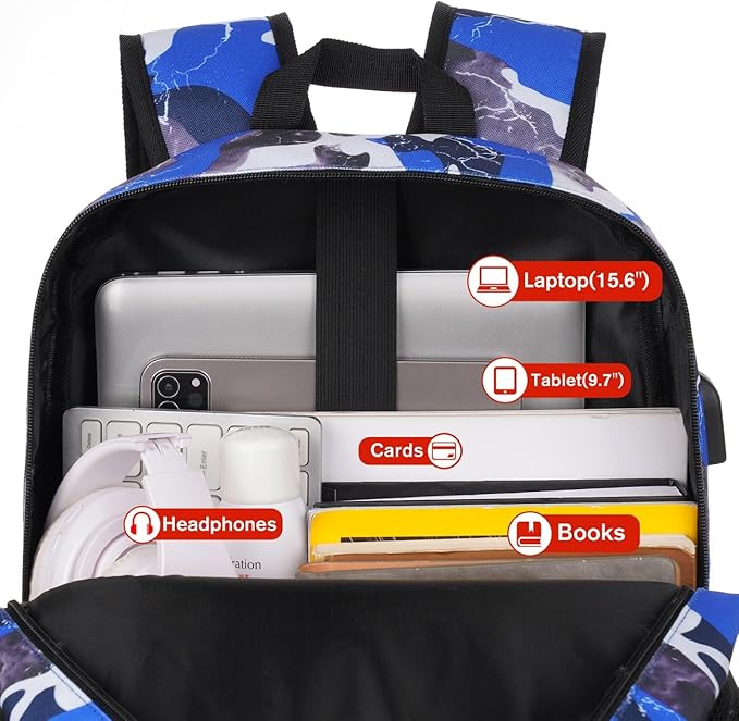 School Backpack Stone Textured,Classic Bookbag Men and Teen Boy Schoolbag with USB Charging Port for High School College Office Work Travel