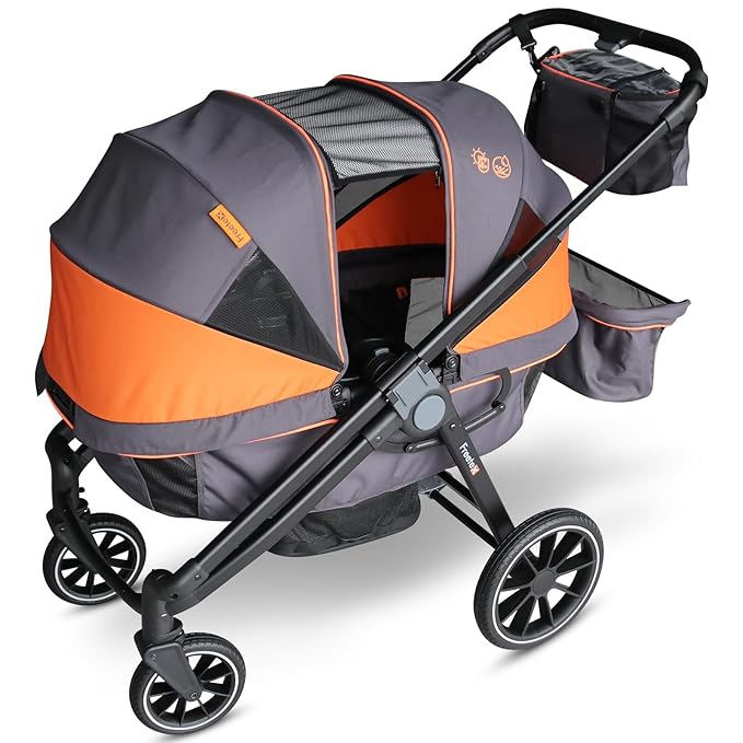 Tandem Wagon Stroller – All-Terrain 2-in-1 Push & Pull Design, Double Seat, Large Storage, Adjustable Canopy, Removable Child Tray for Kids Outdoor Adventures & Family Outings