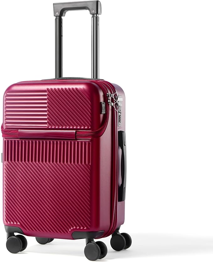UrbanExplorer 20 Inch Carry-On Luggage with Front Opening, Cup Holder & USB Port, Lightweight ABS+PC Hardshell Spinner Suitcase, Airline Approved, 360° Wheels, Wine Red