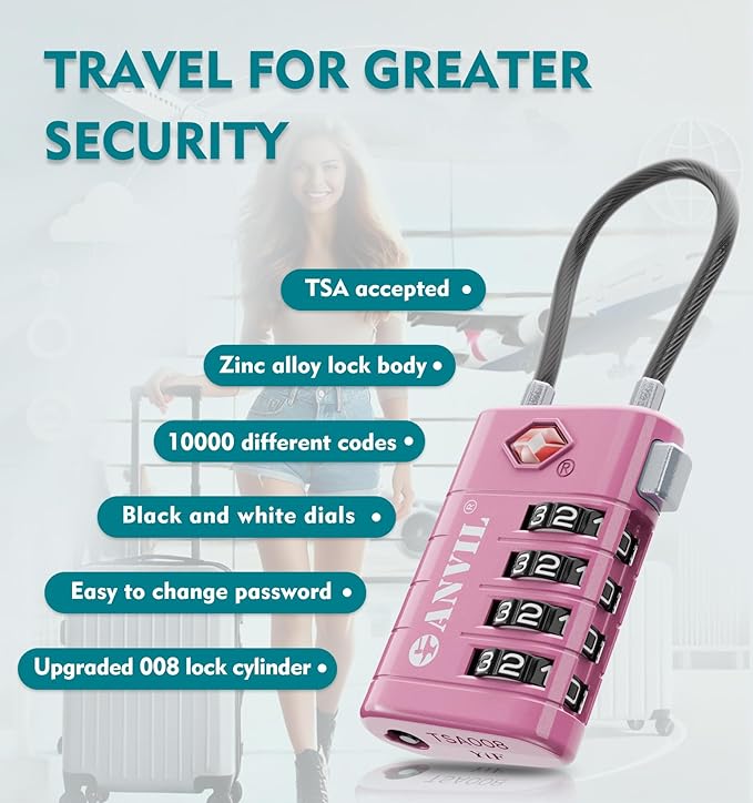 ANVIL 4 Digit Luggage Locks, TSA Locks for Luggage, Advanced TSA008 core, Alert Indicator for Your Travel Lock, Suitcase Lock. (4, Rose Purple)