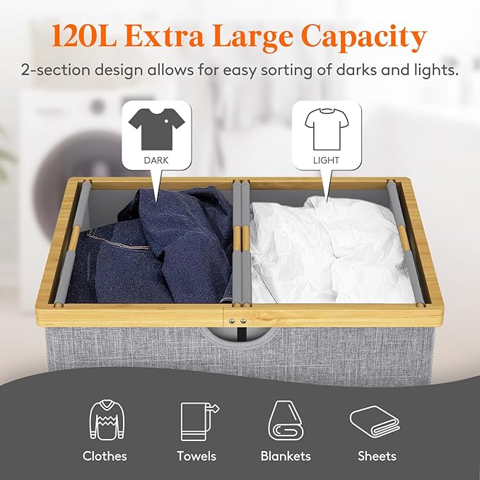 Lifewit 120L Double Laundry Hamper with Lid, Extra Large Bamboo Laundry Basket Dirty Clothes Hamper, 2 Section Laundry Bin Organizer for Laundry Room Bedroom with 2 Removable Liners & Bags,Light Gray