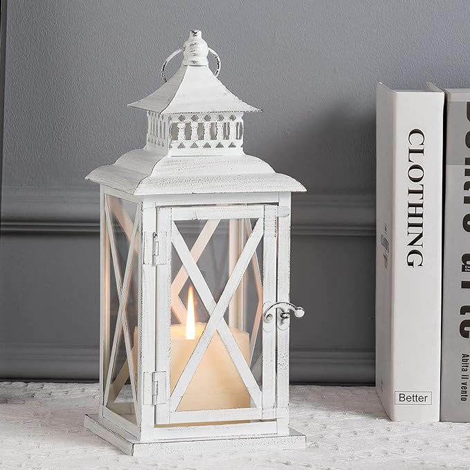 DECORKEY Lantern Decorative Indoor & Outdoor, Large Square Hanging Spring Home Decor, Vintage Metal Decorative Candle Lanterns for Outdoor Patio Wedding Party White with Black Brush