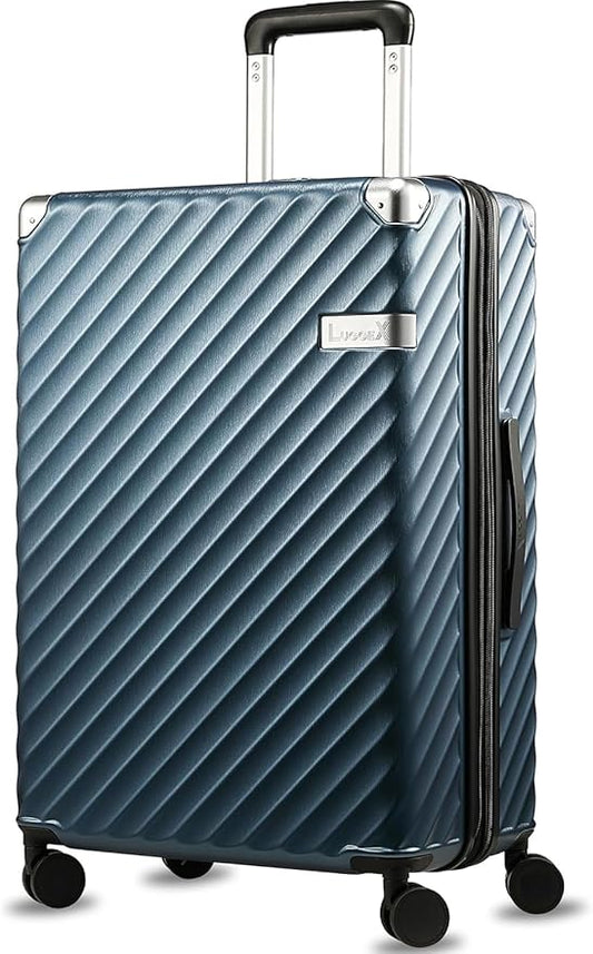 LUGGEX Luggage with Spinner Wheels, Polycarbonate Expandable Hard Shell Suitcase, Checked Large 28 Inch, Blue