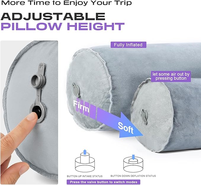 ETROL Inflatable Body Pillow for Adults, 35-inch Long Pillows for Bed, Bolster Pregnancy Pillows for Sleeping, Inflatable Travel Full Body Pillow, Hug Round Pillow for Side Sleeper, Soft Velvet, Grey