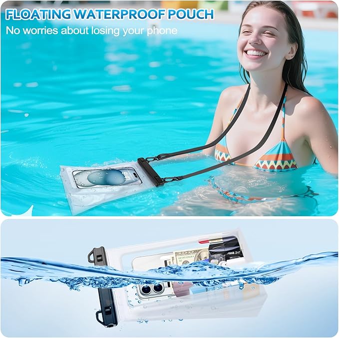 2 Pack Large Waterproof Phone Pouch, IPX8 Double Sealing Floating Waterproof Bag for iPhone 16 15 14 Pro Max Sumsang S25 S24 Google All Devices