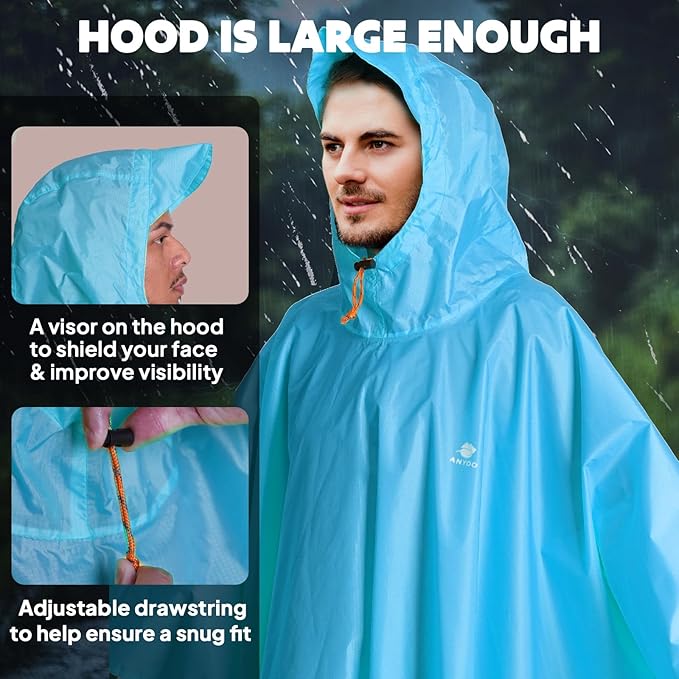 ANYOO Hooded Rain Poncho for Adults Waterproof Lightweight Rain Coat for Men Women Reusable Rain Jacket for Emergency Outdoor