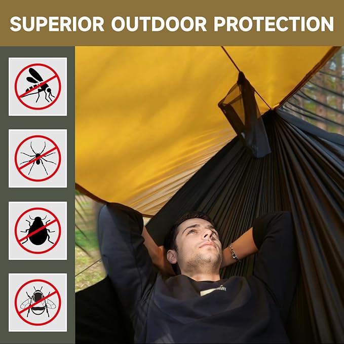 Camping Hammock with Mosquito Net and Sunshade, Backpacking Hammock with Ridge Rope Tree Straps, Lightweight Portable Hammocks for Outside, Hiking, and Travel