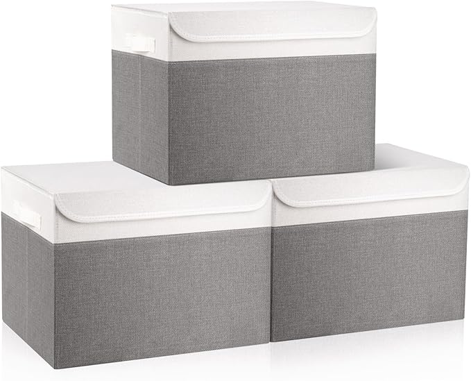 Large 17" 42 Quarts Collapsible Stackable Storage Bins with Lids [3-Pack] Foldable Fabric Linen Storage Boxes Cube, Closet Organizer Baskets with Label (16.7 x 12 x 12", Gray & White)