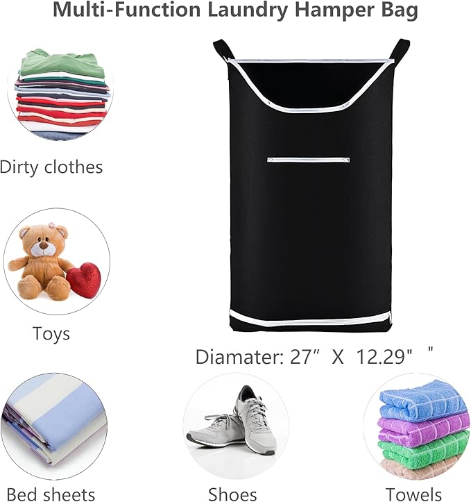 Hanging Laundry Hamper Bag Behind Door Hampers for Laundry Hanging Save Space Zipper Laundry Hamper Door Hanging with 2 PCs Stainless Steel Hooks Suction Hooks for Wall/Bathroom (Black)