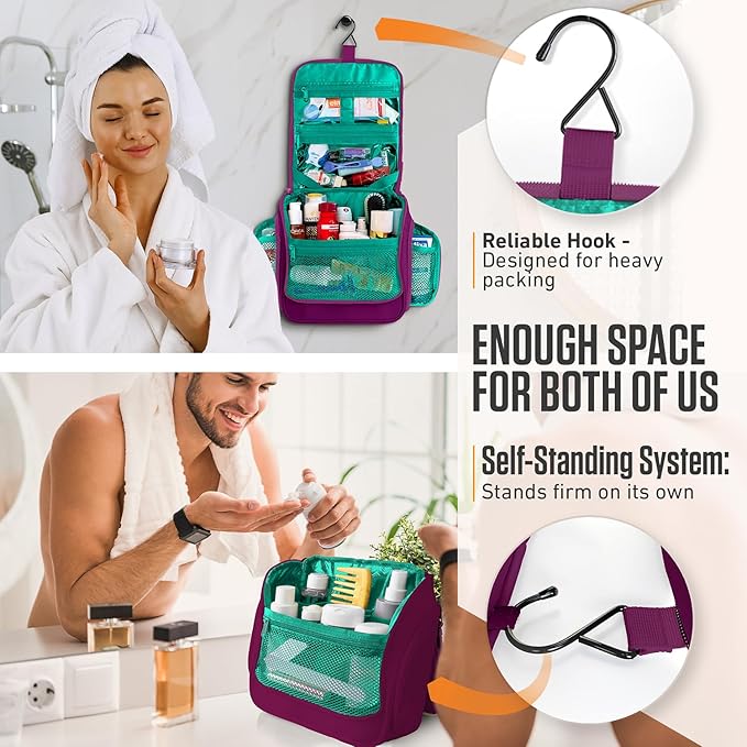 VENTURE 4TH Hanging Travel Toiletry Bag for Women & Men - Travel Organizer with Expandable Compartments & Removable Clear Pouch for Toiletries (Purple/Mint)