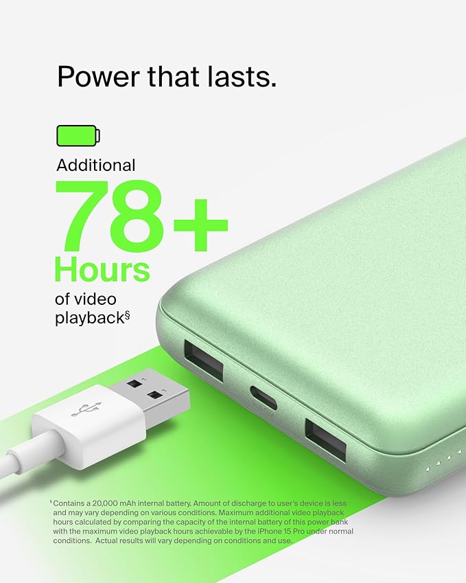 Belkin Portable Charger, USB-C Power Bank 20000 mAh w/ 2X USB-A Ports, 15W w/Type-A to Type-C Cable for iPhone 16, 15, Samsung Galaxy S25, iPad, Nintendo Switch 2, Google Pixel 10, etc. - Green