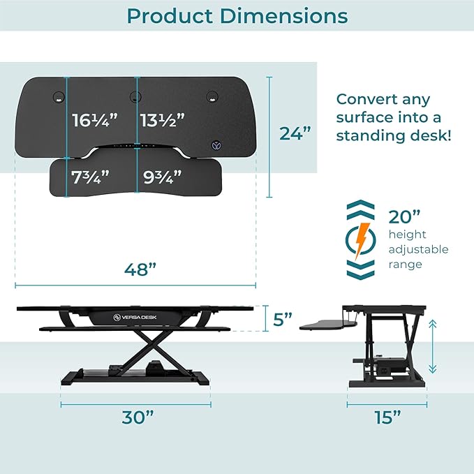 VERSADESK® PowerPro™ 48” x 24” Extra Wide Electric Sit-to-Stand Desk Converter w/ Keyboard Tray for Home or Office | USB Charging Port | Supports Multiple Monitors | Lifts 80 lbs. - Black