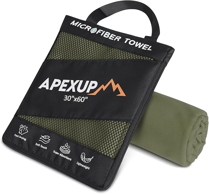 APEXUP Microfiber Travel Towel, Ultra Absorbent Quick Dry Towels, Lightweight Gym Sports Camping Towel for Workout, Yoga, Beach, Shower, Swimming (60"×30", Army Green)