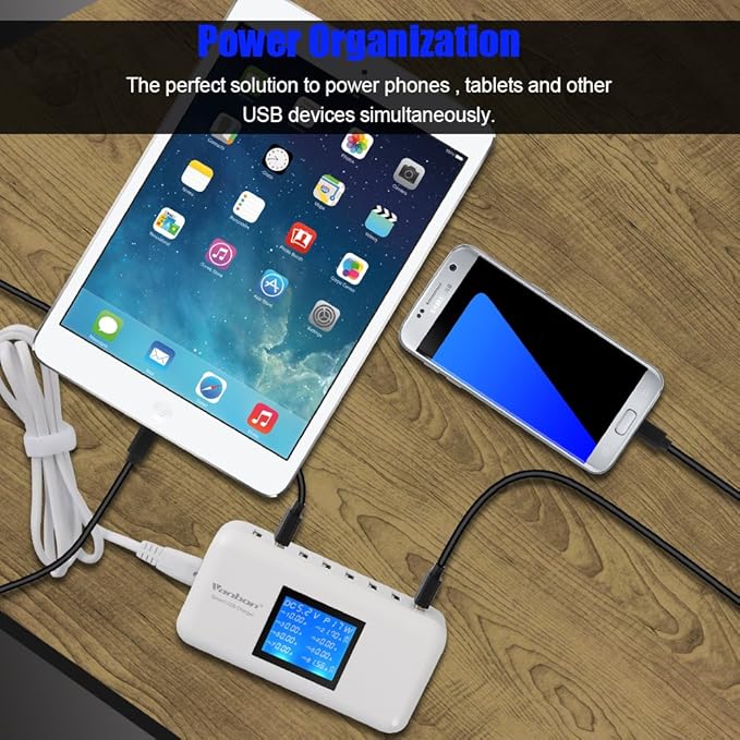 60W/12A 8-Port Desktop Charging Station Multiple USB, Multi Port Travel Fast Wall Charger Hub with LCD for Smart Phones, Tablet and More (White)