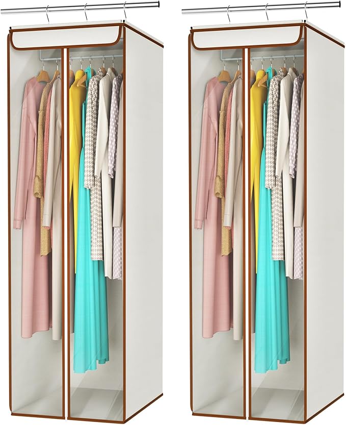 Univivi Garment Bags for Hanging Clothes, Large Clothes Storage Bags Closet Organizer with Clear Window, Premium Hanging Garment Storage Bag for Suits, Coats, Dresses, 54", 2 Pack (Beige)