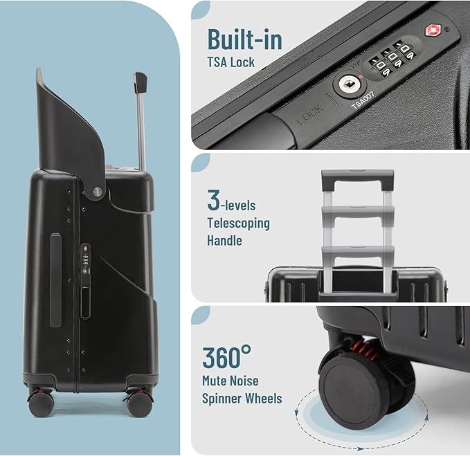 20 Inch Carry On TSA Lock Luggage for Kids& Adult,Lockable Spinner Wheels Free Luggage Cover and Safety Seatbelt Travel Suitcase(Carry-On TSA Luggage with Child Seat Black)