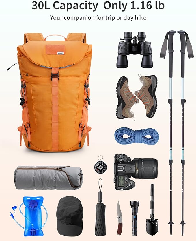 Blue Quartz Hiking Backpack 30L Lightweight Packable Backpack for Travel, Water Resistant Foldable Daypack for Women Men, Orange