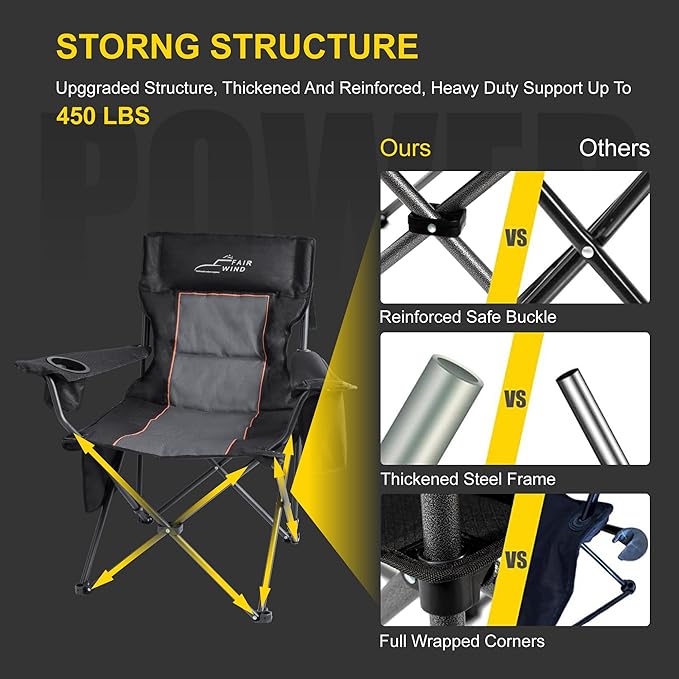 FAIR WIND Oversized Padded Camping Chair with Footrest Stool Set Heavy Duty Support 300 LBS Cooler Bag Chair - Black