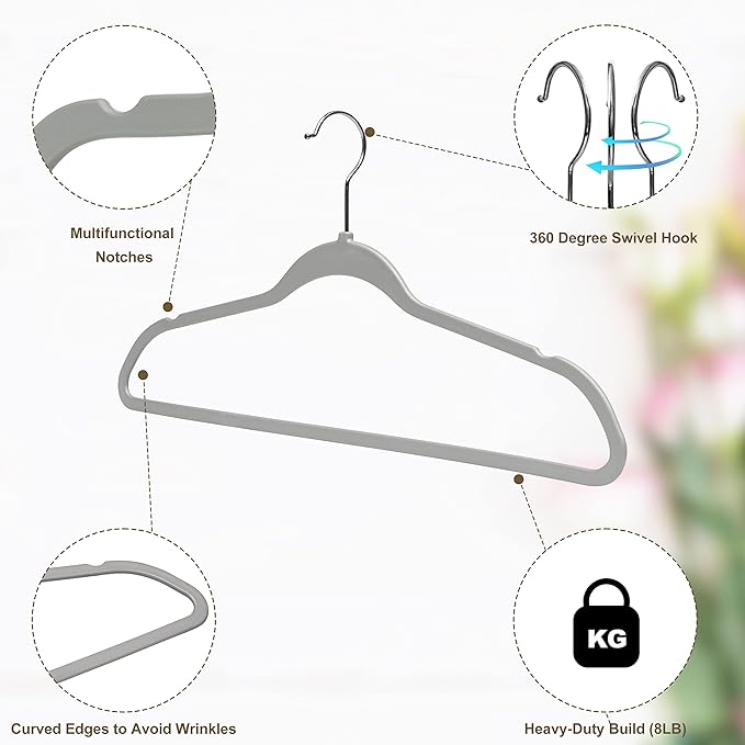 Quality Hangers Clothes Set 50 Pack - Non-Velvet Plastic for Clothes - Heavy Duty Coat Set - Space-Saving Closet With Chrome Swivel Hook, Functional Non-Flocked, Gray