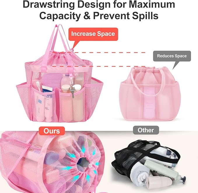 F-color Mesh Shower Caddy Portable with Drawstring - Upgrade Deeper 7 Pockets Dorm Room Essentials for Guys Girls with S Hook, Shower Bag Basket Tote for College Camping Toiletry Bathroom, Pink