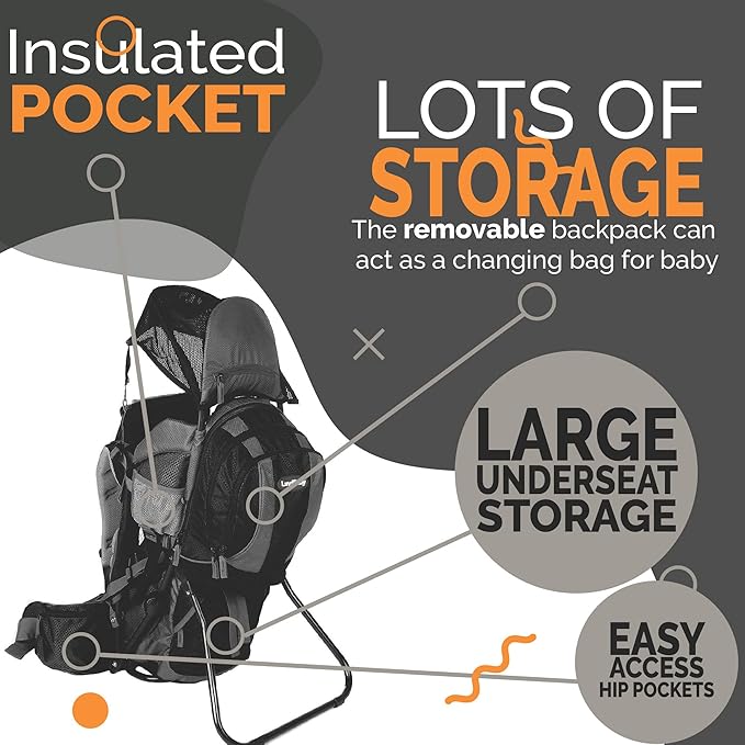 2-in 1 Baby Backpack Carrier - Ergonomic Toddler Hiking/Baby Hiking Backpack Carrier with Removable Bag, Diaper Change Pad, Insulated Pocket + Rain and Sun Hood to Protect Your Child