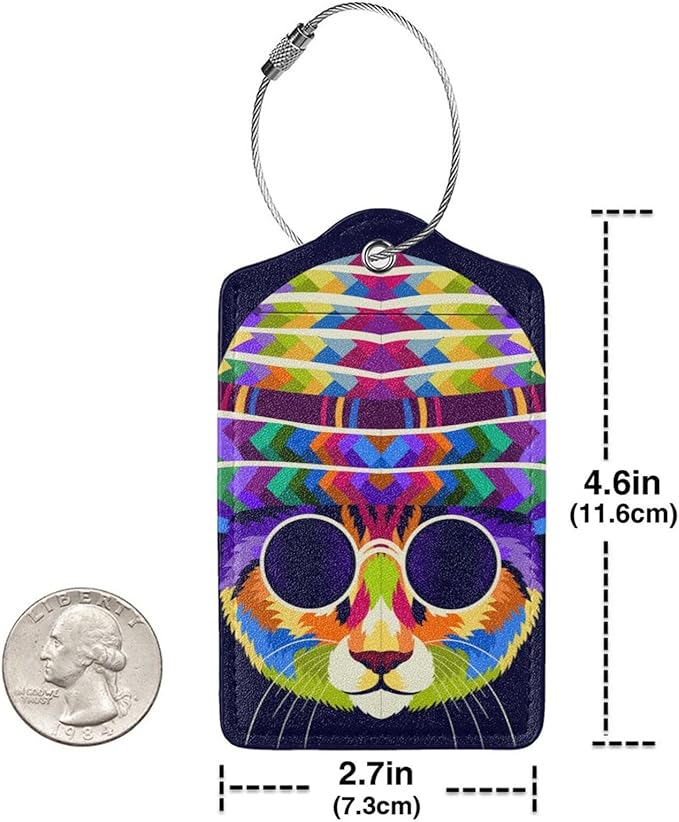 Artistic Cat with Glasses Leather Luggage Tags, 2 Pack, Multicolor, 4.6 X 2.7 Inch, Waterproof, Privacy Flap