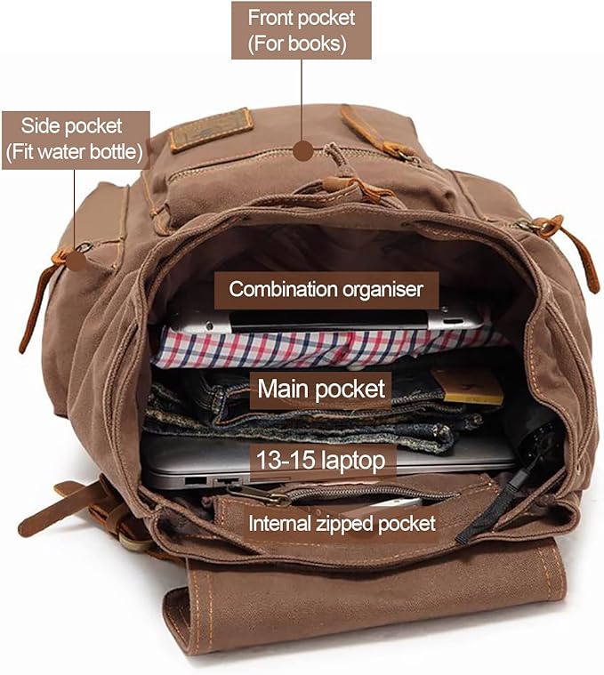 AUGUR High Capacity Canvas Vintage Backpack - for Hiking Travel 12-15" Laptop Backapcks for Men Casual Daypacks School bag Rucksack (M-Black)