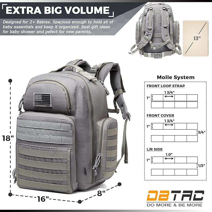 Diaper Bag Backpack for Dad, DBTAC Large Baby Nappy Bag for Men w/Changing Mat, Insulated+Wipe Pockets, Stroller Straps, Grey