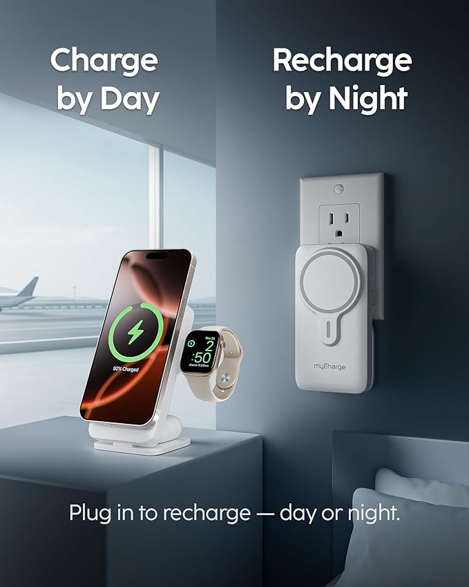 myCharge EcoHub 3 in 1 Apple Charging Station & Magsafe Battery Pack | Wireless Charger for iPhone, iWatch, AirPods | Magnetic Portable Charger with Wall Plug | Travel-Ready & Foldable