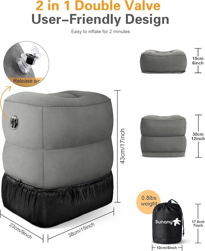 Sunany Inflatable Foot Rest Pillow for Airplane Travel-Adjustable Height Cushions for Kids to Sleep While Traveling, Adults, Suitable for Office, Home and Any Travel（Dark Grey）