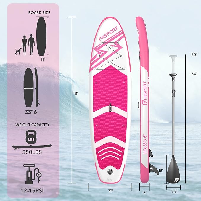FBSPORT 11' Premium Stand Up Paddle Board, Yoga Board with Durable SUP Accessories & Carry Bag | Wide Stance, Surf Control, Non-Slip Deck, Leash, Paddle and Pump for Youth & Adult