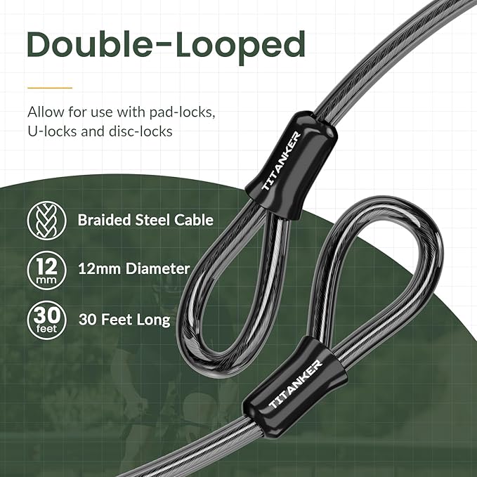 Titanker Bike Lock Cable,12mm Thick Security Cable with Loops Heavy Duty Steel Cable Vinyl Coated Bike Cable Lock Security Chain (4ft, 7ft, 15ft, 30ft)