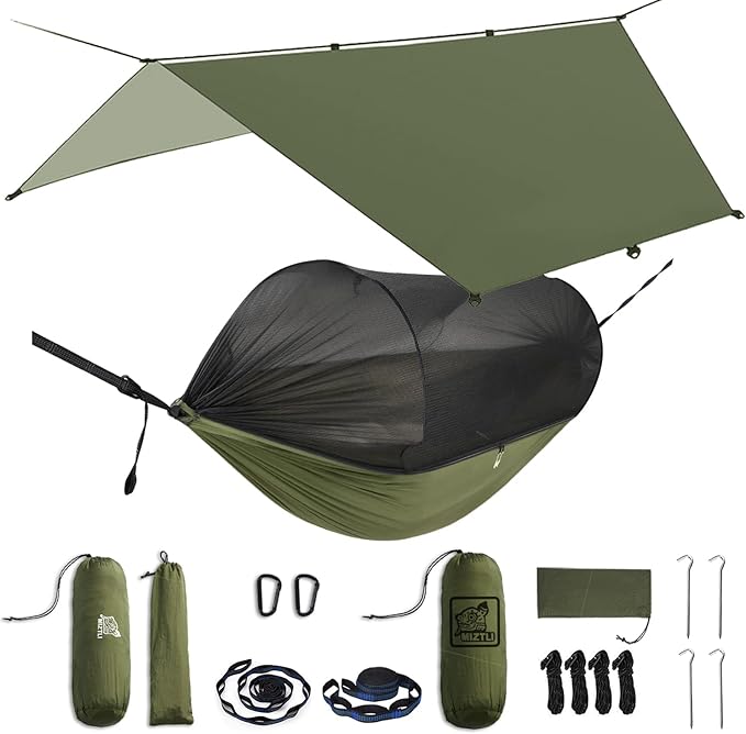 Miztli Camping Hammock -Portable Hammock w/Spacious Net & Tree Straps w/Adjustable Loops, Double and Single Hammock for Outdoor, Indoor, Hiking and Travel