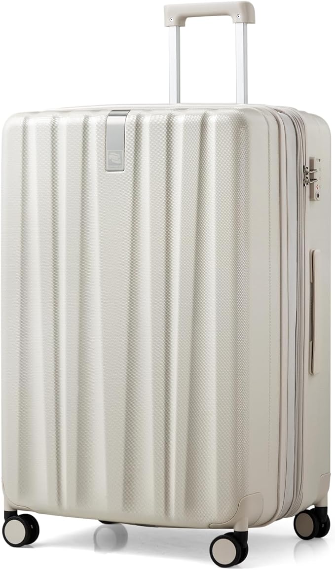Hanke 29 Inch Expandable Checked Luggage Lightweight PC Hard Shell Luggage Suitcases with Wheels Travel Luggage Rolling Large Suitcase Travel Luggage Bag for Study Abroad.(Ivory White)