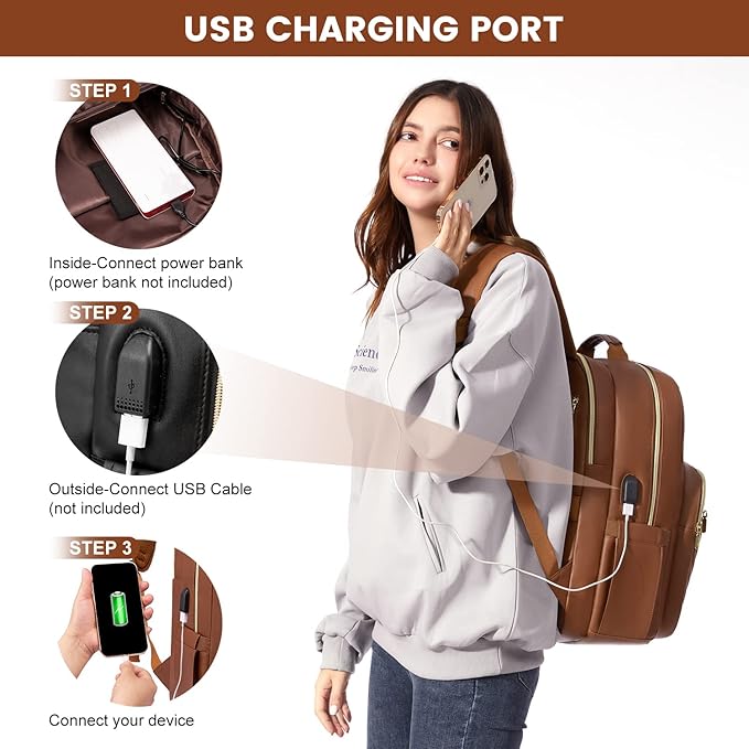 LOVEVOOK Laptop Backpack Purse for Women, Large Capacity Travel Computer Work Bag, Faux PU Leather Quilted Casual Nurse Backpack for Womens, Fit 15.6 Inch Laptop with USB Port, Brown