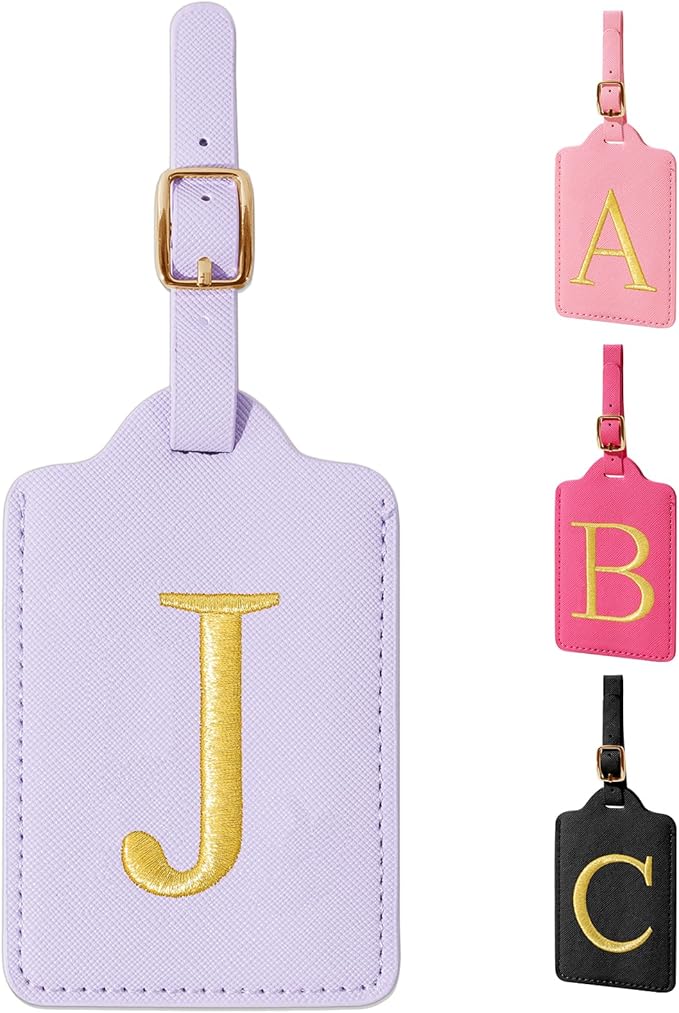 Personalized Initial Luggage Tags for Suitcase, Purple Leather Cute Luggage Tags with Privacy Cover Name Card, Embroidered Custom Monogrammed Luggage Tag Travel Backpack Tags Gifts for Women Kids(J)