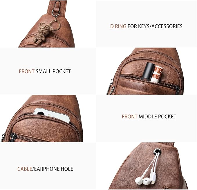 Sling Bag for Women Crossbody Bags Fanny Packs Over Shoulder Bag Sling Purse Backpack Vegan Leather Travel Brown