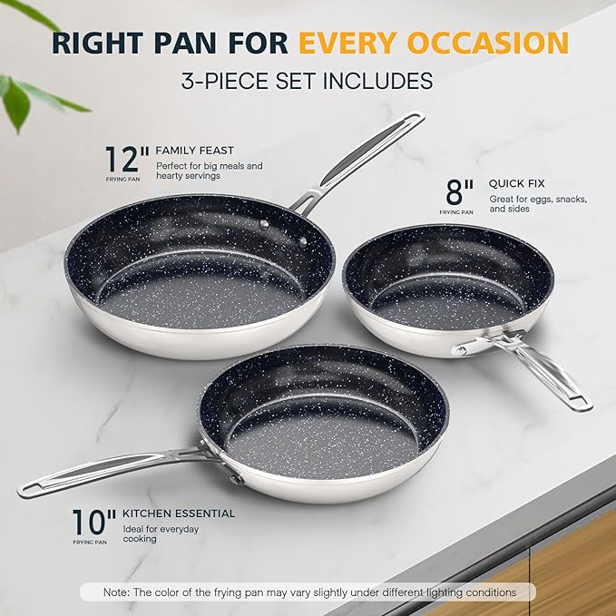Nuwave 3-Piece 8”, 10”, 12” Forged Lightweight Frying Pan Set, G10 Healthy Duralon Blue Ceramic Ultra Non-Stick, Ergonomic Stay-Cool Handles, Induction-Ready & Works on All Cooktops
