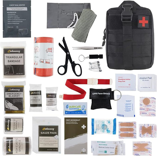 IFAK Trauma Kit, Molle Pouch Emergency Survival Kit, 6” Israeli Straps, Chest Seal Vented, Self-Adhesive Elastic Bandage, for Wound Care(Black)