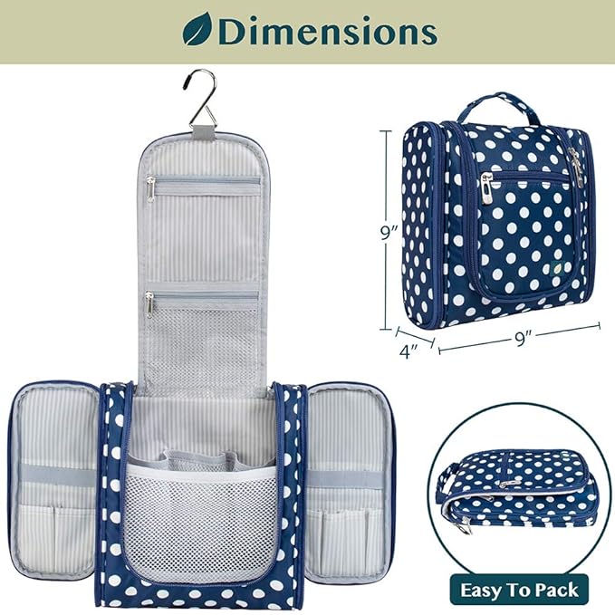 PAVILIA Toiletry Bag Travel Bag for Women Men, Hanging Cosmetic Organizer, Water Resistant Makeup Bag for Accessories Toiletries, Large Travel Essentials Kit (Navy Polka Dot)