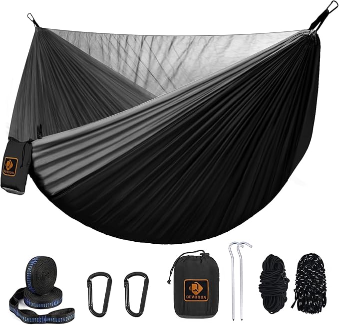 Camping Hammock, Portable Hammocks with Mosquito Net,Lightweight Nylon Parachute Hammock with 10ft Tree Straps,Camping Gear Must Haves for Travel Hiking Backpacking Beach Patio-Black&Grey