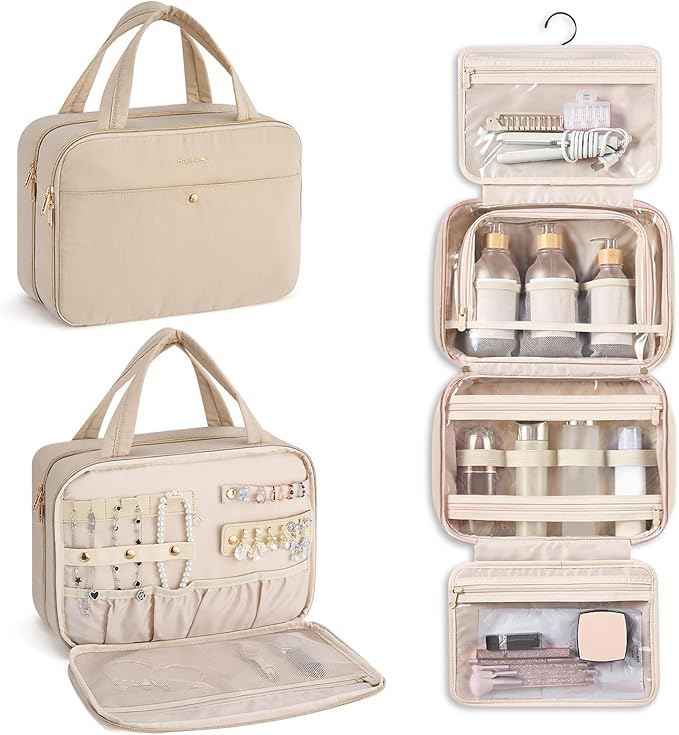 Hanke Hanging Travel Toiletry Bag for Women with Jewelry Organizer Compartment, Travel Essentials Toiletries and Makeup Bag, Water-Resistant & Stain-Resistant with Trolley Strap (Apricot)