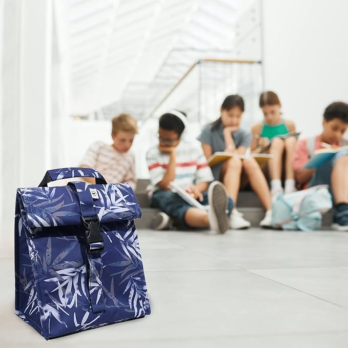 SUNNY BIRD Insulated Lunch Bag Rolltop Lunch Box Tote Bag for Women, Men, Adults and Teens (Blue Bamboo)
