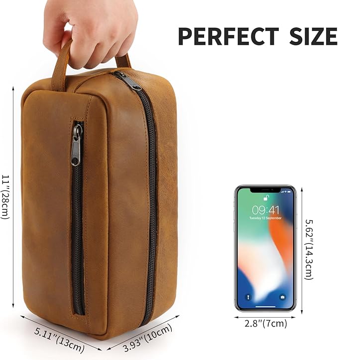 Ringsun Genuine Leather Toiletry Bag, Hanging Makeup Bag with Large Capacity for Women Men, Handcrafted Vintage Travel Toiletry Bag for Accessories, Shampoo, Full-size Container, Toiletries