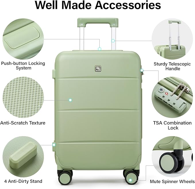 Hanke 3 Piece Luggage Sets with Spinner Wheels, Carry On Luggage Lightweight PC Hard Shell Suitcases TSA Luggage Rolling Checked Bag 20/24/28 Inch (Bamboo Green)