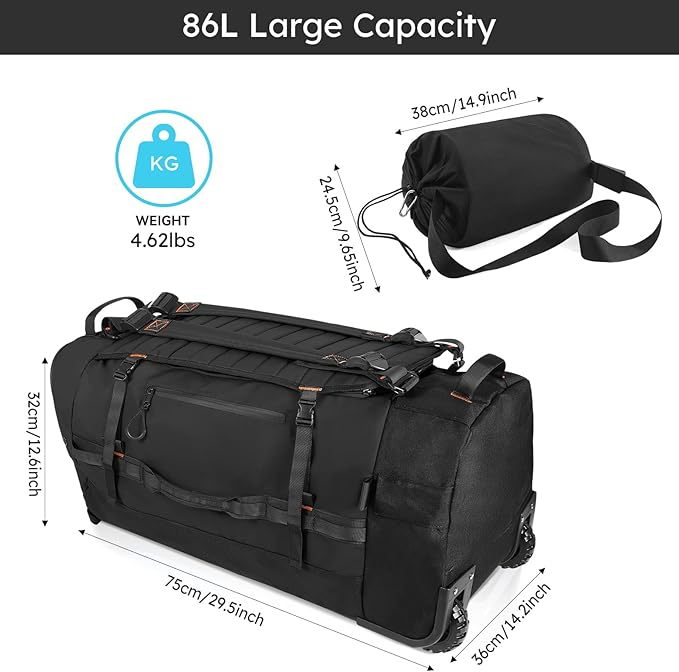 86L 30” Folding Duffle Backpack with 2 Wheels,Travel Bag with Separate Shoe Compartment,Black