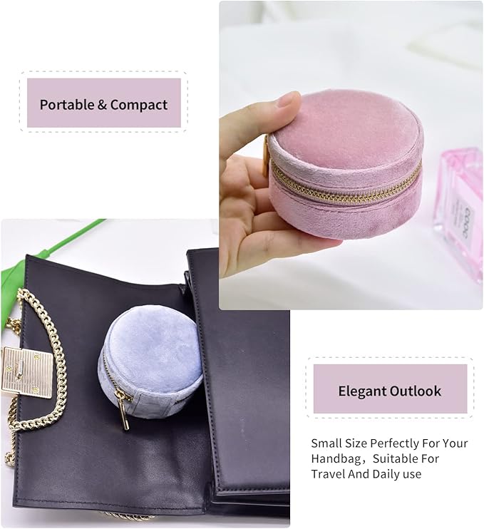 TAIMY Travel Jewelry Organizer, Small Round Velvet Travel Jewelry Case for Women Girls, Portable Mini Jewelry Travel Organizer Boxes for Rings Earrings Necklaces Bracelets(White)