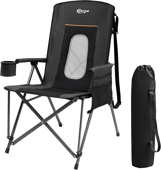 PORTAL Oversized Folding Camping Chair High Back Portable Lawn Chairs for Adults Outdoor Sports with Hard Armrest Cup Holder，Supports 400LBS Black