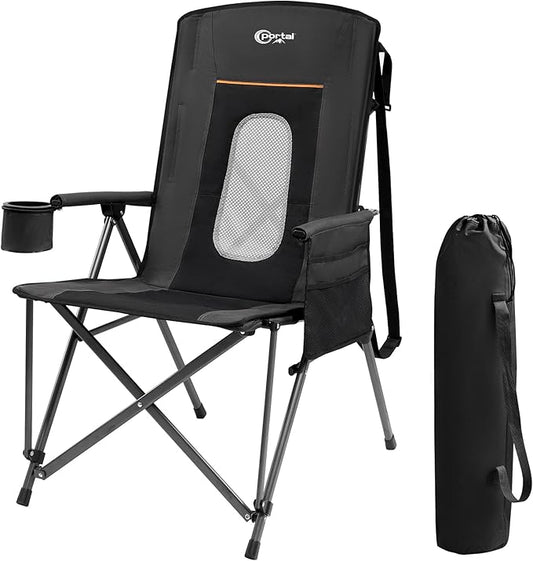 PORTAL Oversized Folding Camping Chair High Back Portable Lawn Chairs for Adults Outdoor Sports with Hard Armrest Cup Holder，Supports 400LBS Black